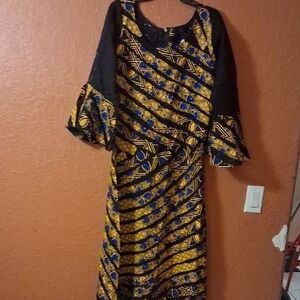 African Style Black and Yellow Bell Sleeve Cocktail Dress